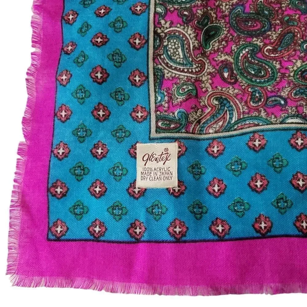 NEW Vintage 70's Glentex Paisley Raw Hem Scarf in Fuschia Pink and Blue 31x31
